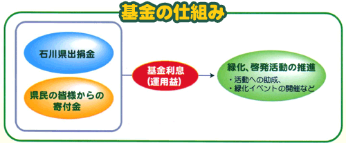 基金の仕組み 県民の皆様からの寄付金の運用益等を使い、緑化の普及啓発をおこなっています